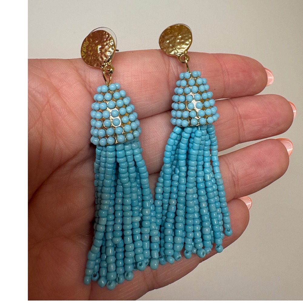 Blue Beaded Tassel Earrings Gold Hammered Disc Stud Drop Dangle